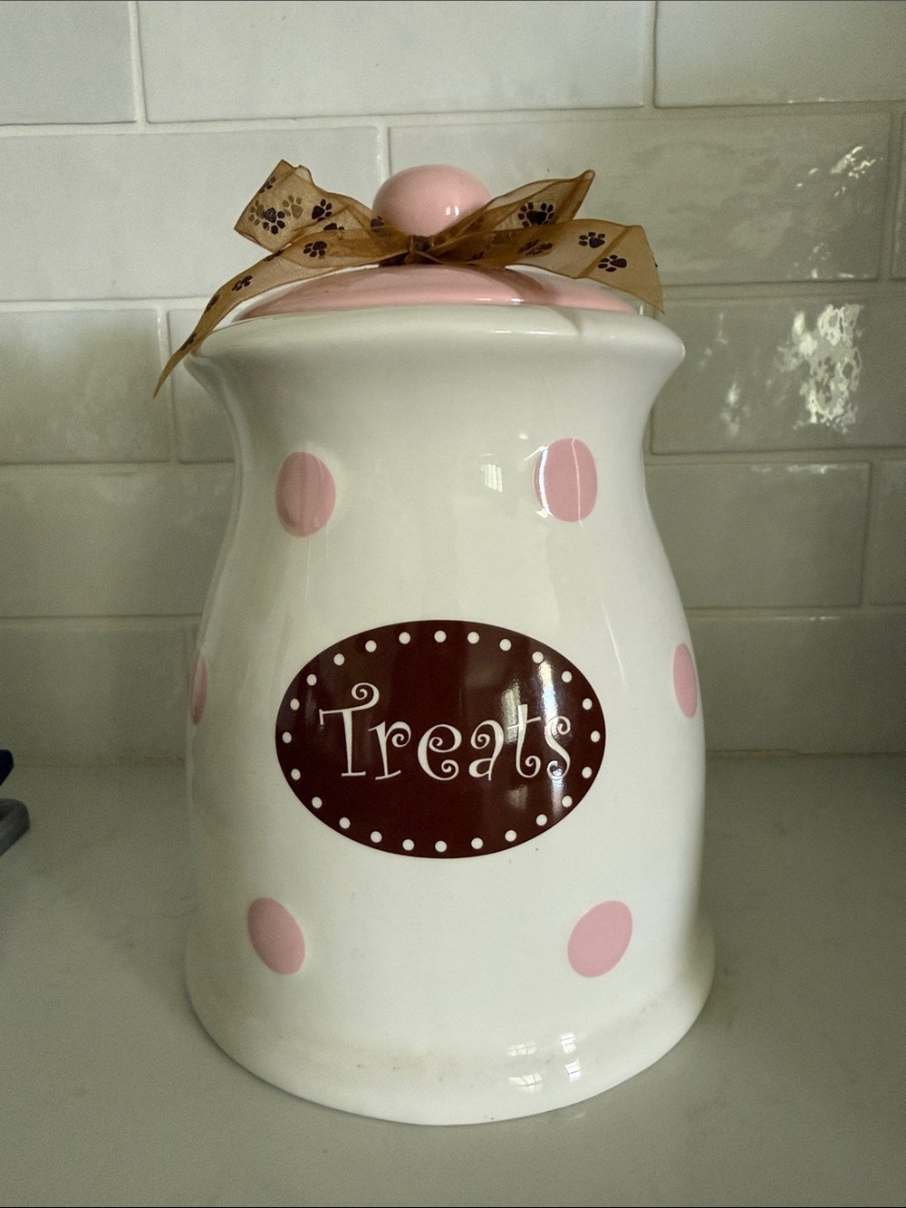 White and Pink Polka Dot Ceramic Dog Treats Canister